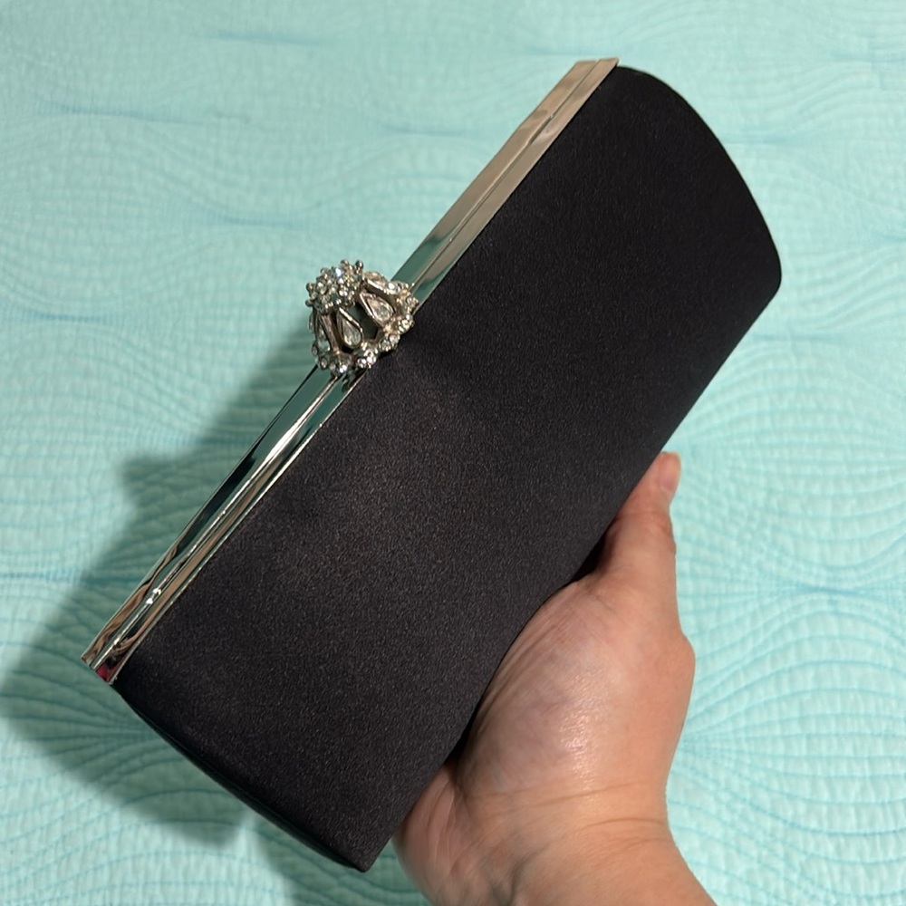 Sleek Black Clutch with Crystal like stone claps and chain